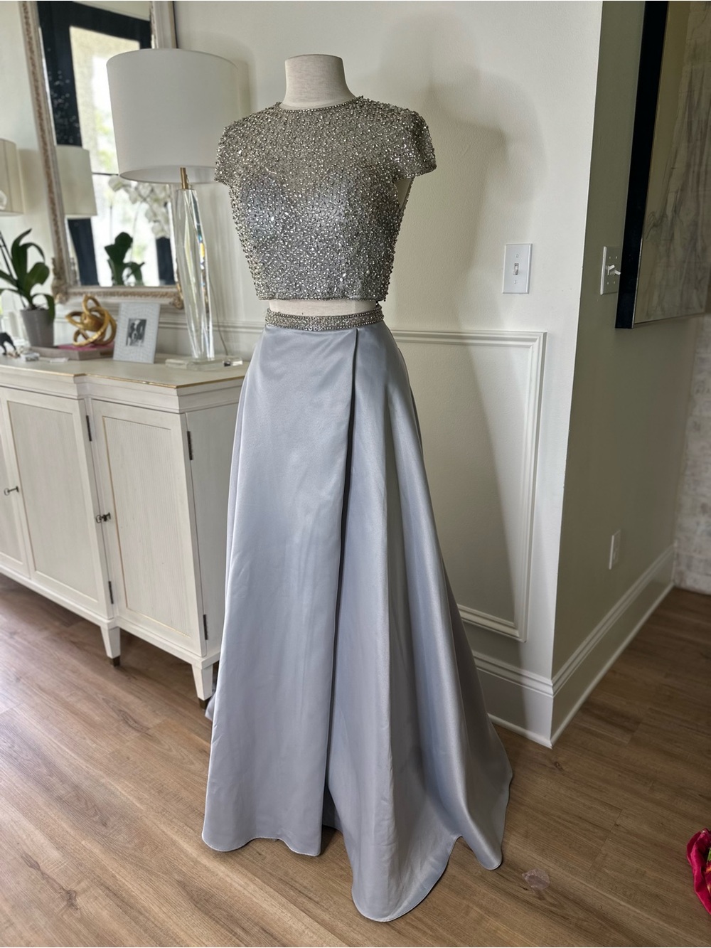 Jovani Silver Beaded Crop Top & A-Line Skirt Prom Set